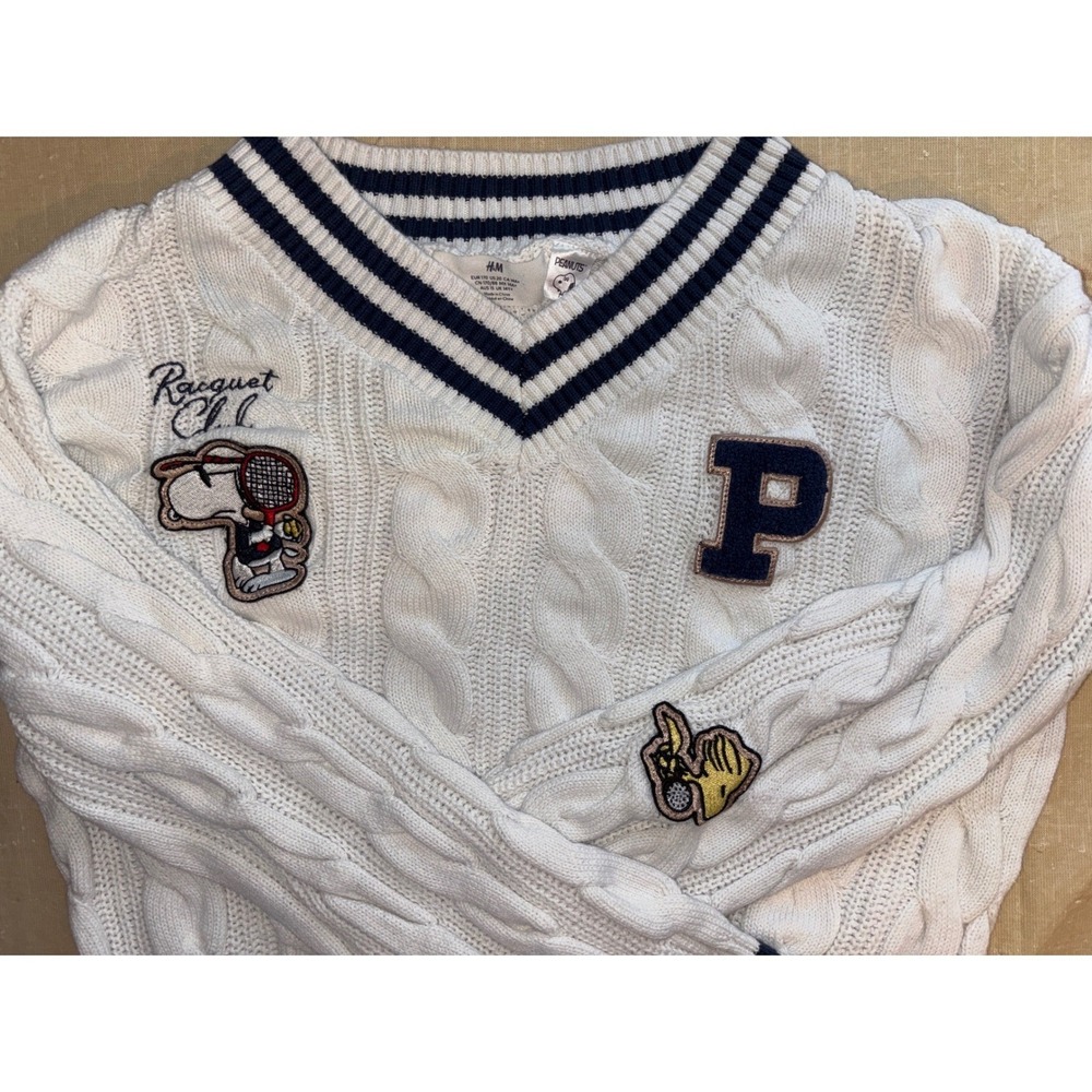 H&M Peanuts Snoopy Racquet Club V-Neck Cable Knit Sweater White Blue Size‎ 10-12